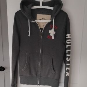 Hollister Dark Gray Zip-Up Embroidered Hoodie with White and Red Details